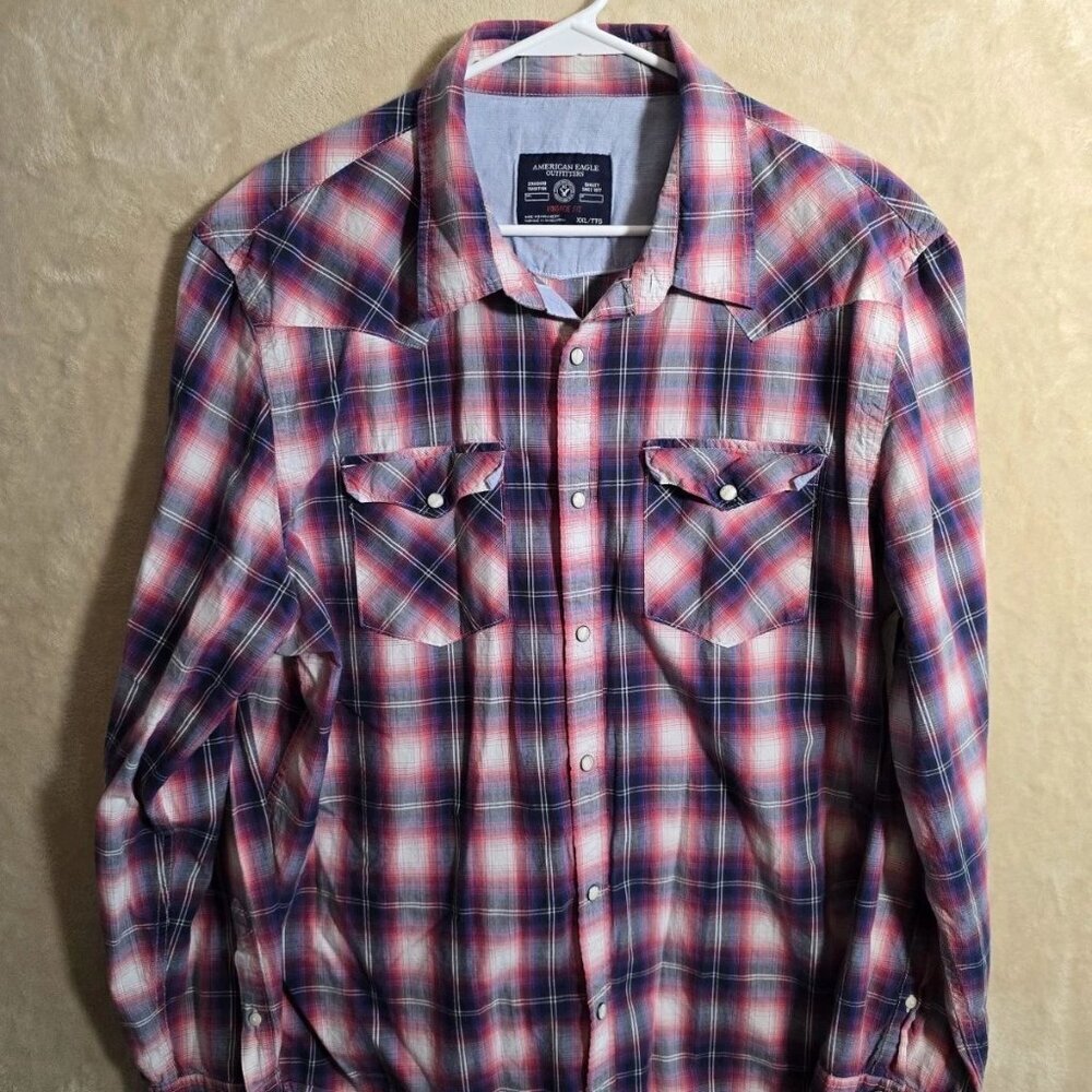 American Eagle Shirt Men’s XXL Red Blue Plaid Vintage Fit Snap. 417‎